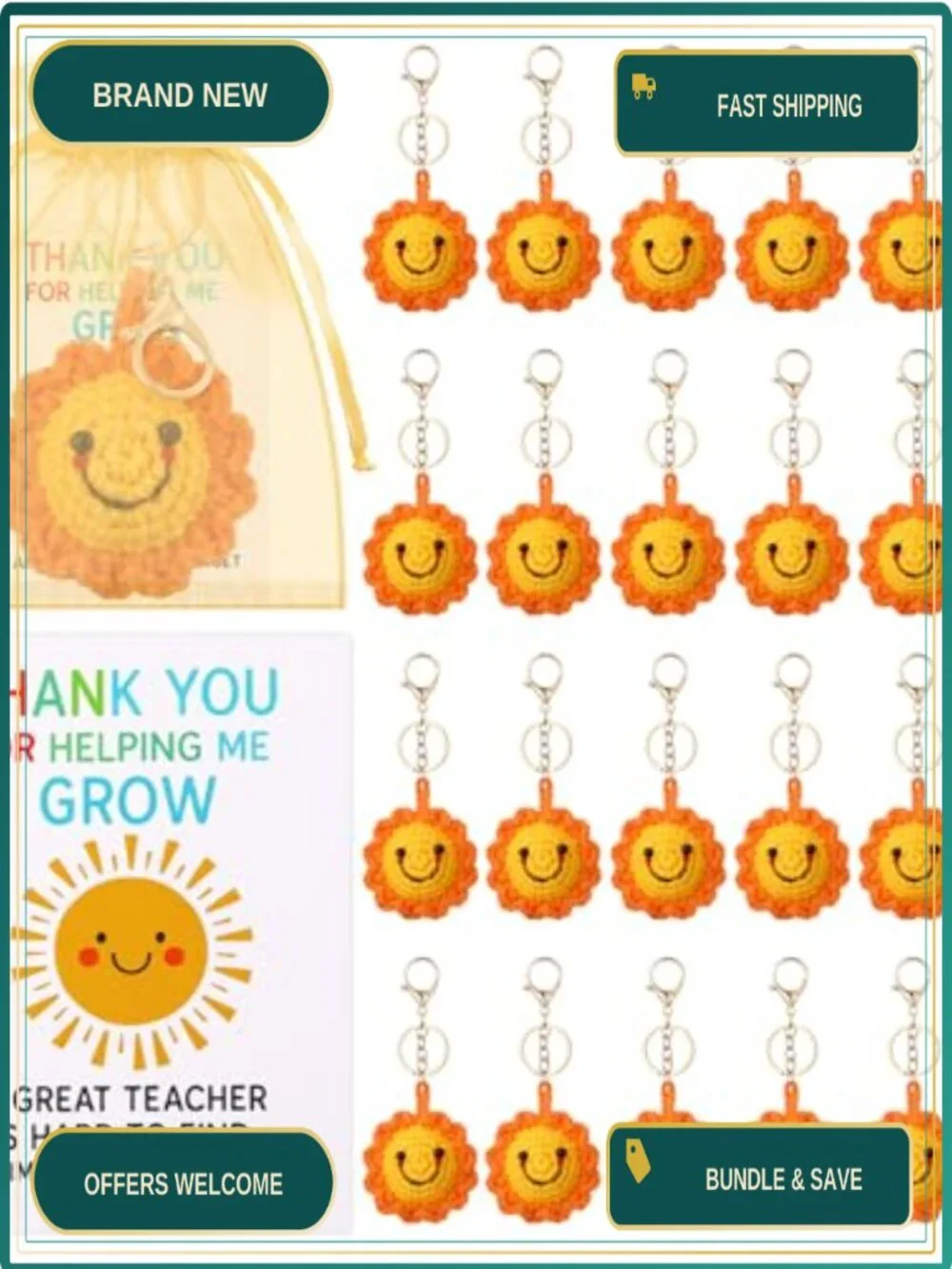 Handmade Crochet Sunflower Keychain Set of 24 with Thank You Cards